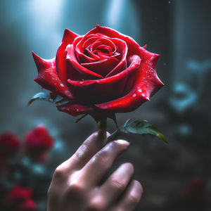 Hand holding a beautiful red rose with green leaves in the garden Slava Photo