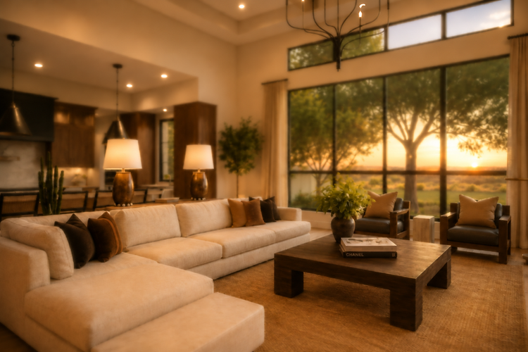 Luxury great room at Hawkeye Lane featuring expansive black-framed windows, warm wood finishes, neutral furnishings, and sunset views across the Texas Hill Country.