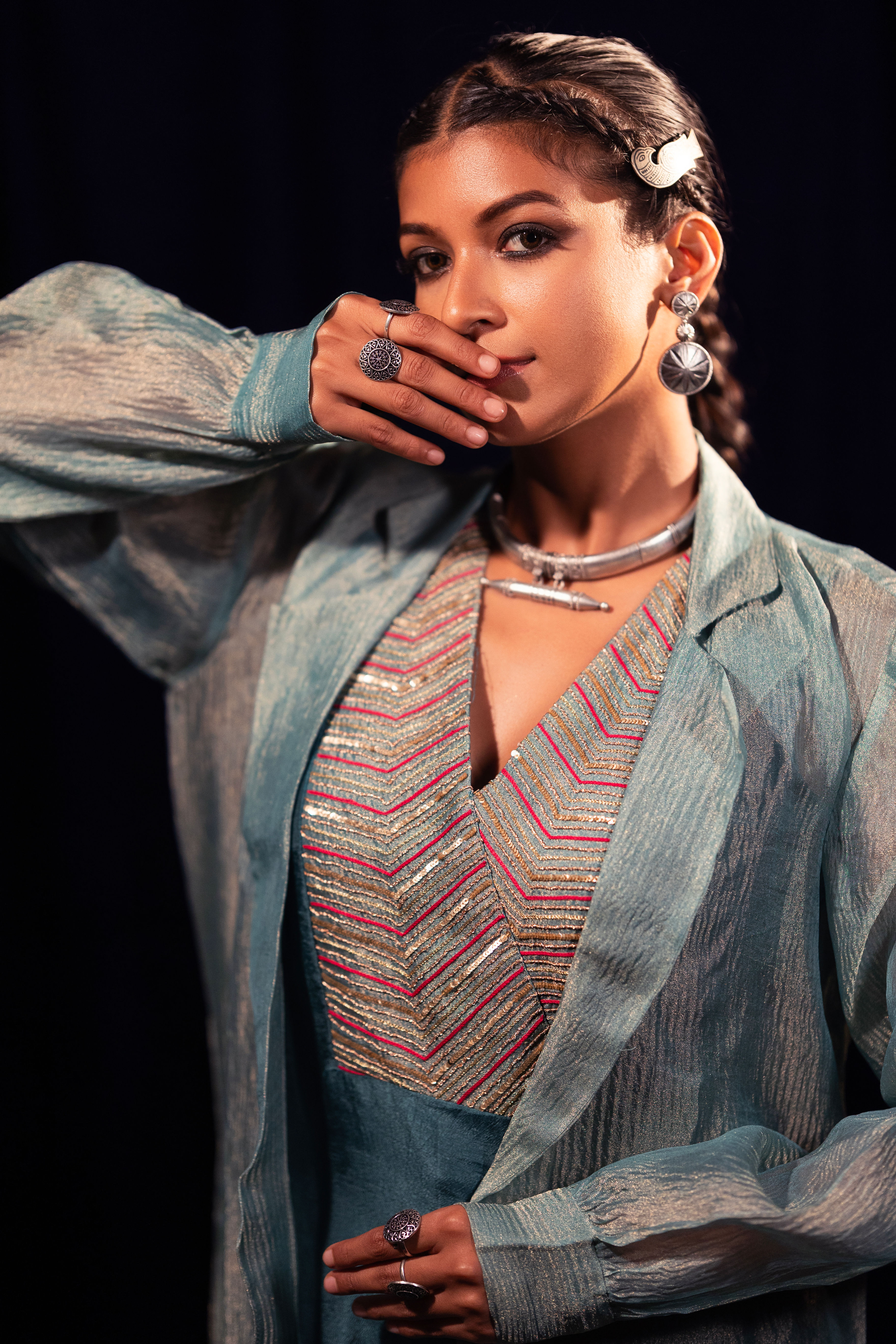 Coral Blue Embroidered set with Jacket