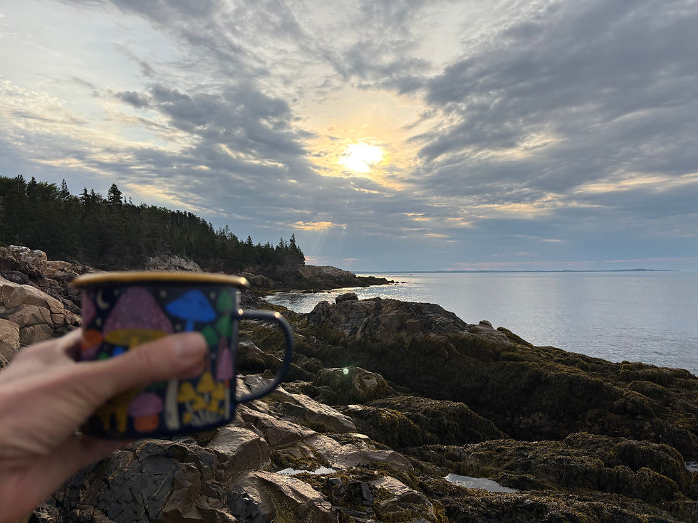 Coffee cup with rocky Maine coastline and water in the background on an overcast morning on Monroe Island. 