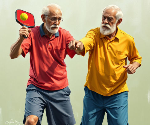 Two very old male pickleball players. One player hitting a serve and the other layer hitti