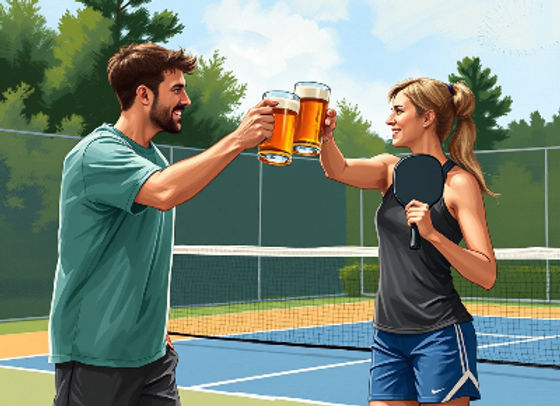 Two pickleball players are on a pickleball court. one player is male and the other is fem