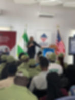 The Founder of AYVI Network, addressing National Youth Service Corps members participating in an Emotional Intelligence training session at the American Corner in Lagos, focusing on 21st-century challenges.