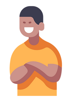 desenho de uma pessoa negra, de braços cruzados e sorrindo. A pessoa tem o cabelo raspado bem rente à cabeça, está sorrindo e olhando para a esquerda. Usa camisa amarela.