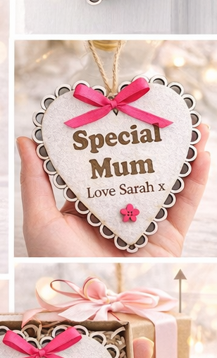 Thumbnail: Special Mum Hanging Wooden Heart with Bow and String, Laser Engraved