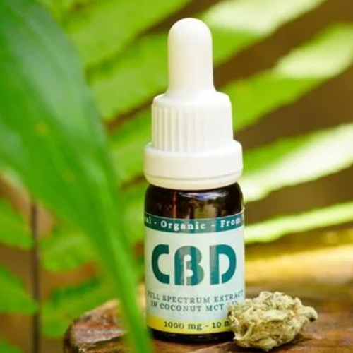 10% Full Spectrum Organic CBD Oil bottle for pain relief, skin health, and mood enhancement.