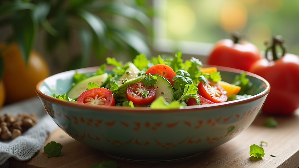 Close-up view of a colorful salad bowl with fresh vegetables