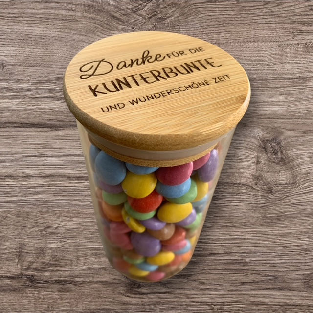 Miniaturbild: Geschenk Glas mit Bambusdeckel und Gravur