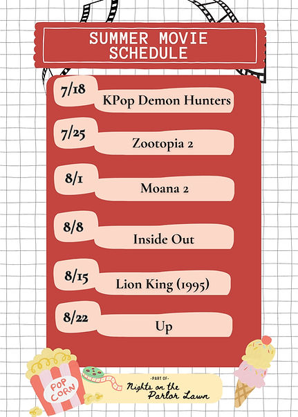 An outdoor movie schedule for Coventry Parlor from July 18th to August 22nd.