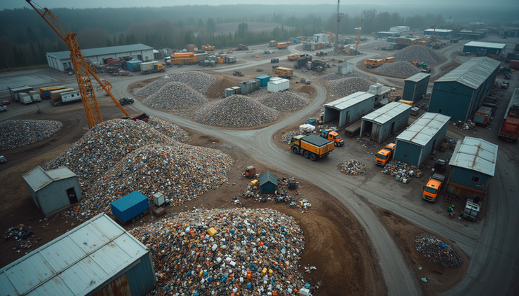High angle view of a waste disposal facility sorting hazardous and non-hazardous construction waste