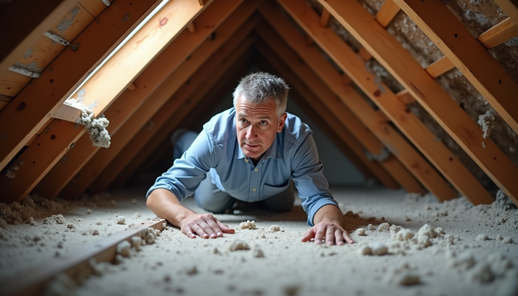 Eye-level view of a technician inspecting a residential attic for mold and structural damage