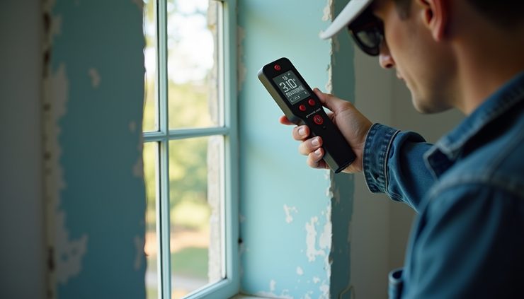Eye-level view of a certified lead inspector using an XRF analyzer on a window frame