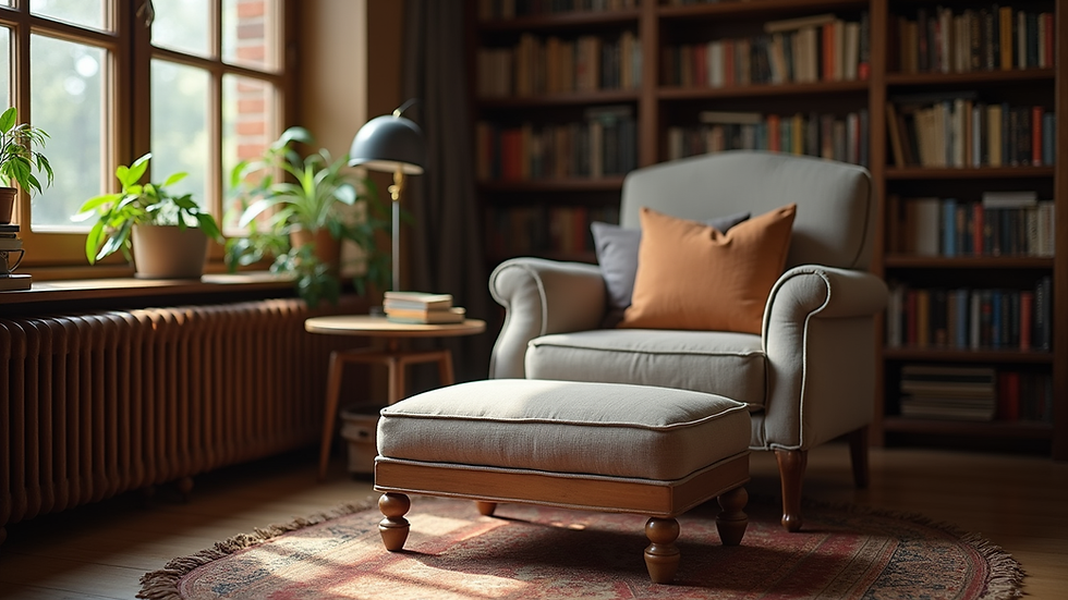 Eye-level view of a cozy reading nook with books and a comfortable chair