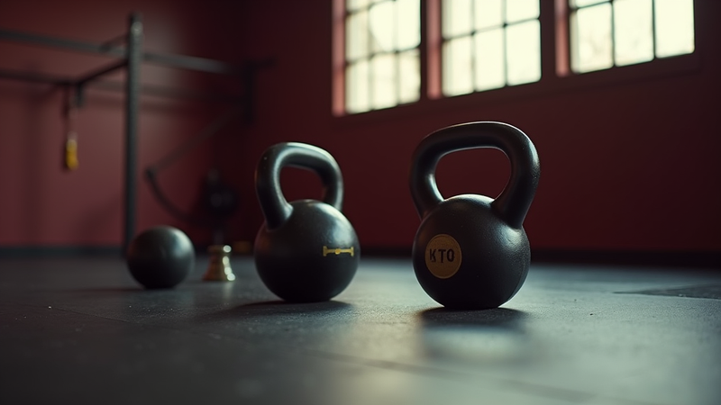 Two kettlebells and a medicine ball on a gym floor.