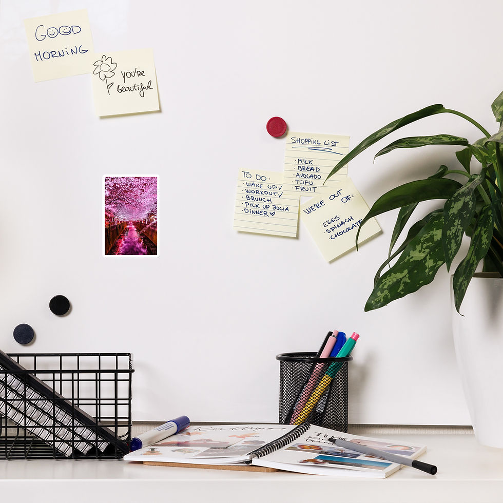 Notes and a purple sunset photo pinned to a Magnet board.