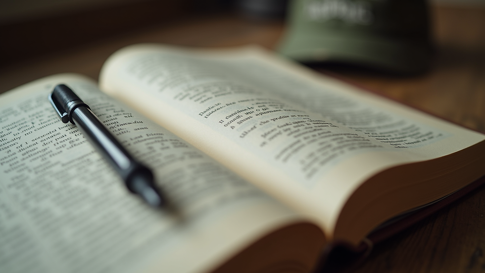 Close-up view of an open military memoir book with a pen on the side