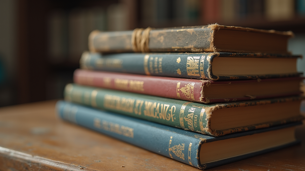 Eye-level view of a stack of books written by veterans