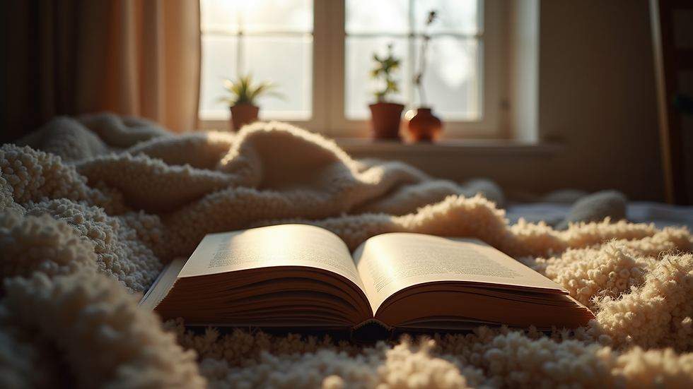 Eye-level view of a cozy reading nook with a stack of books and a warm blanket