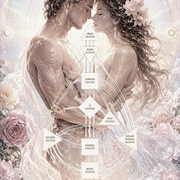 Human Design relationship compatibility art featuring a romantic couple surrounded by the Human Design bodygraph, symbolizing energetic connection, aura dynamics, conscious love, soulmate bonds, and spiritual partnership.