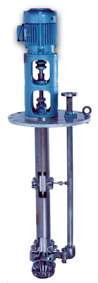 LaBour Taber steam jacketed vertical sump pump for molten sulfur service, with motor, support plate and discharge column