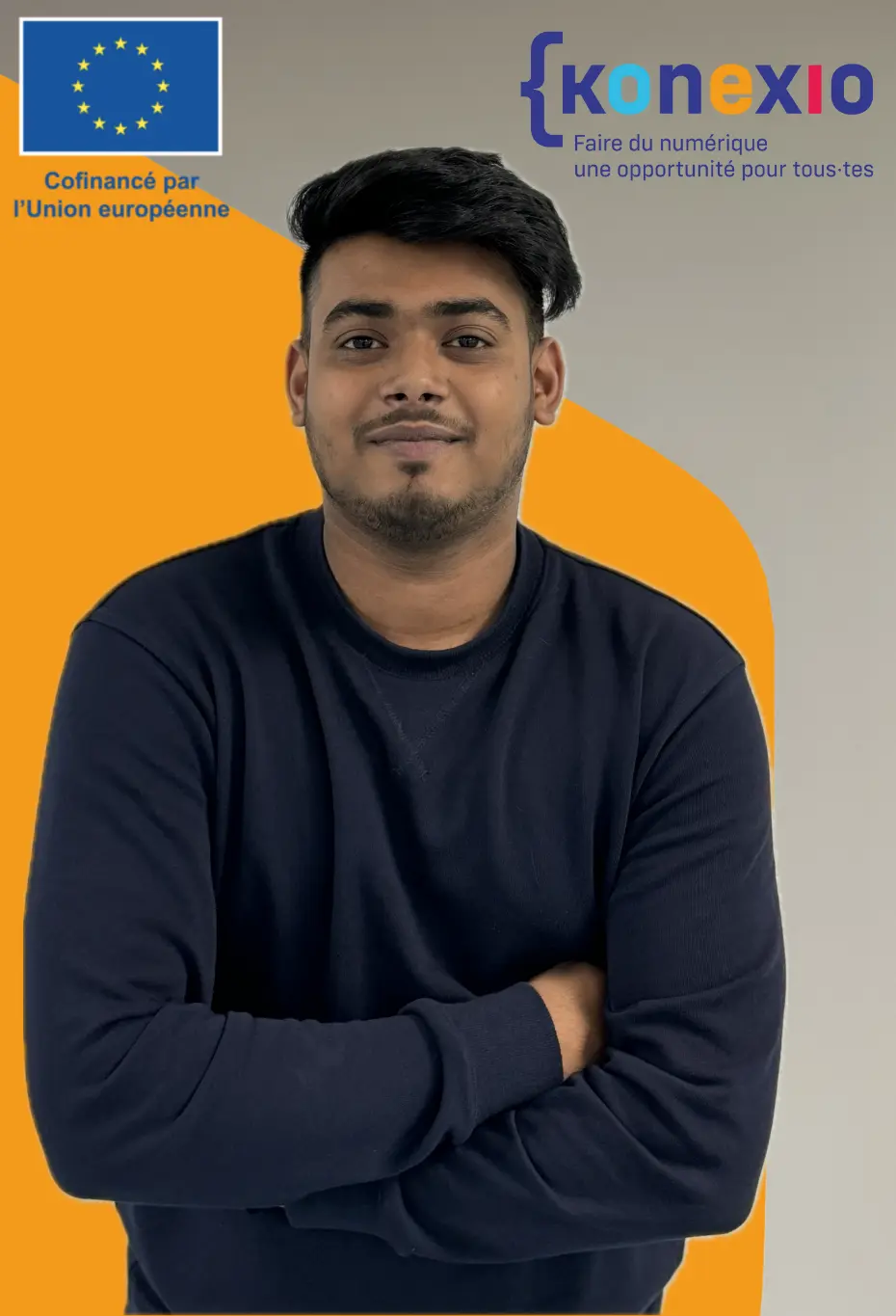 Portrait de Moustakim, apprenant au programme Explore ton talent de Konexio, cofinancé par l'Union européenne, passionné par la programmation et l'économie.