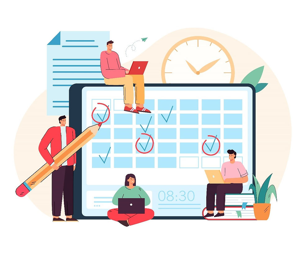 People working on a schedule with a clock
