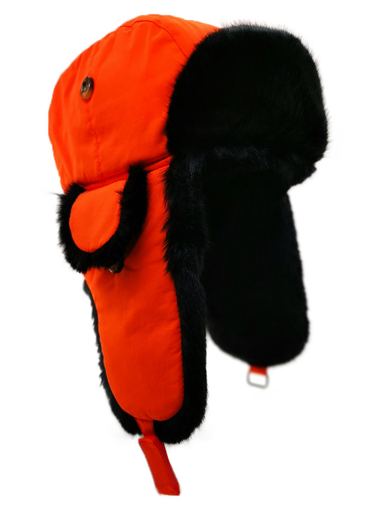 Thumbnail: Orange Taslon Aviator Trapper Hat with Soft Black Faux Fur