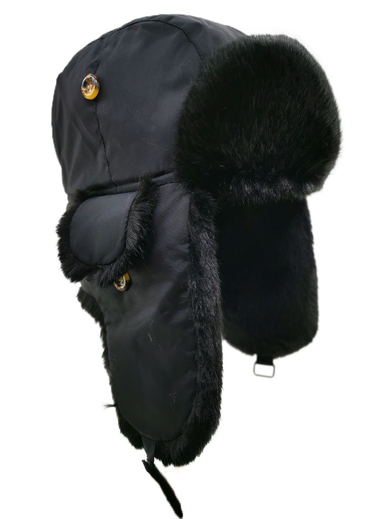 Thumbnail: Black Taslon Aviator Trapper Hat with Soft Black Faux Fur
