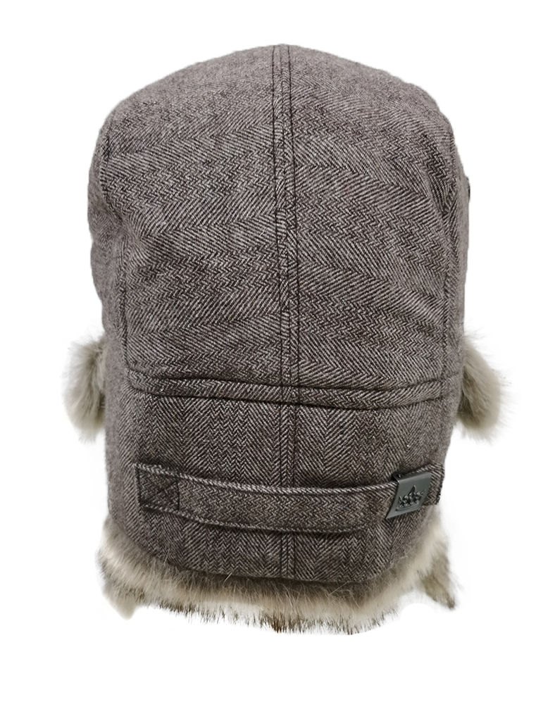 Thumbnail: Brown Wool Blend British Herringbone Aviator Trapper Hat with Faux Fur