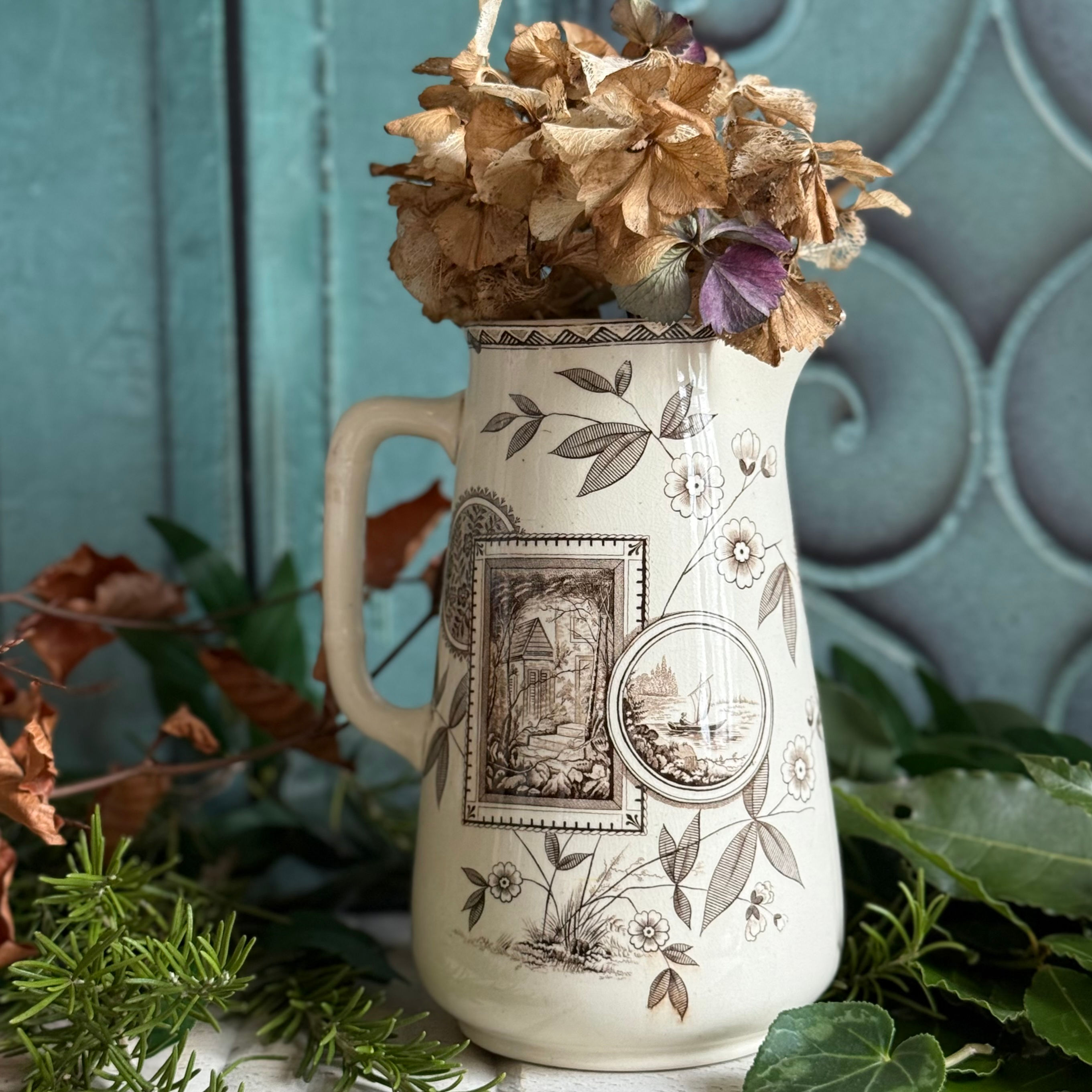 Antique English Aesthetic Movement transferware Perak pitcher