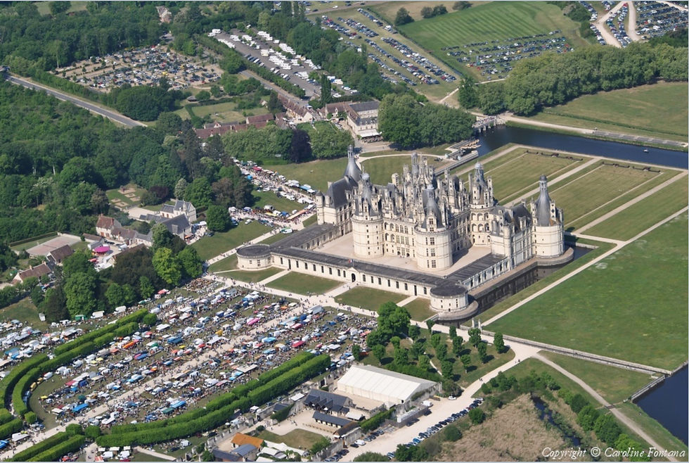 an ariel view of the chateau with the brocante on the lawns