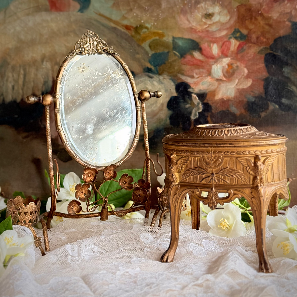 Miniature : Antique ormolu jewel box with original silk lining