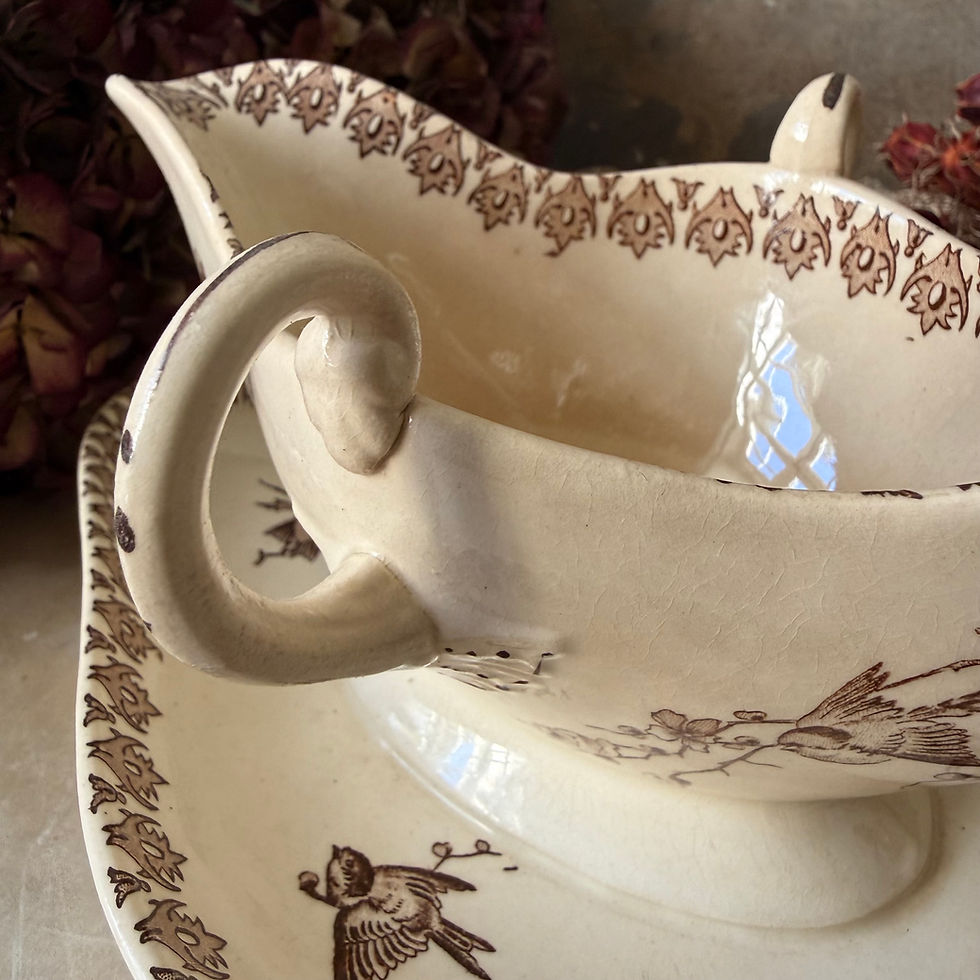 Miniature : Sepia birds ironstone sauce boat 19th century by HB&C