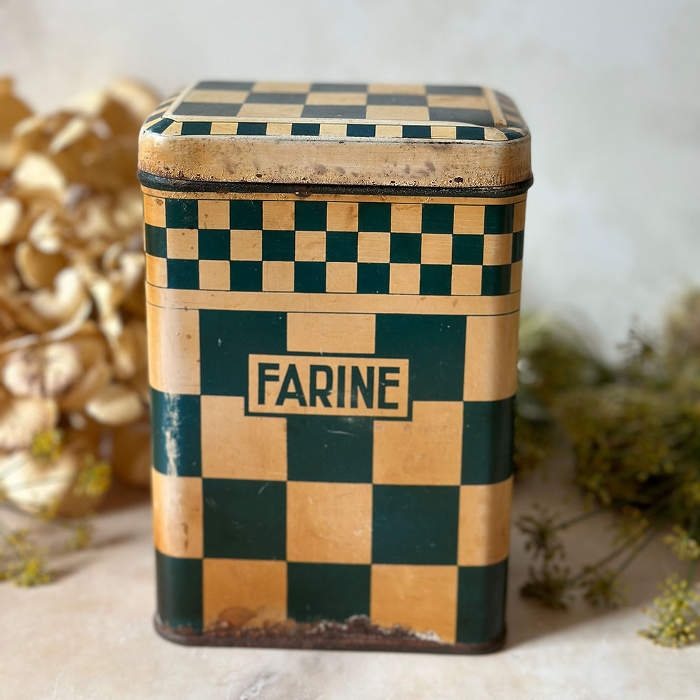 Thumbnail: Heavily patinated French kitchen canisters, set of 3