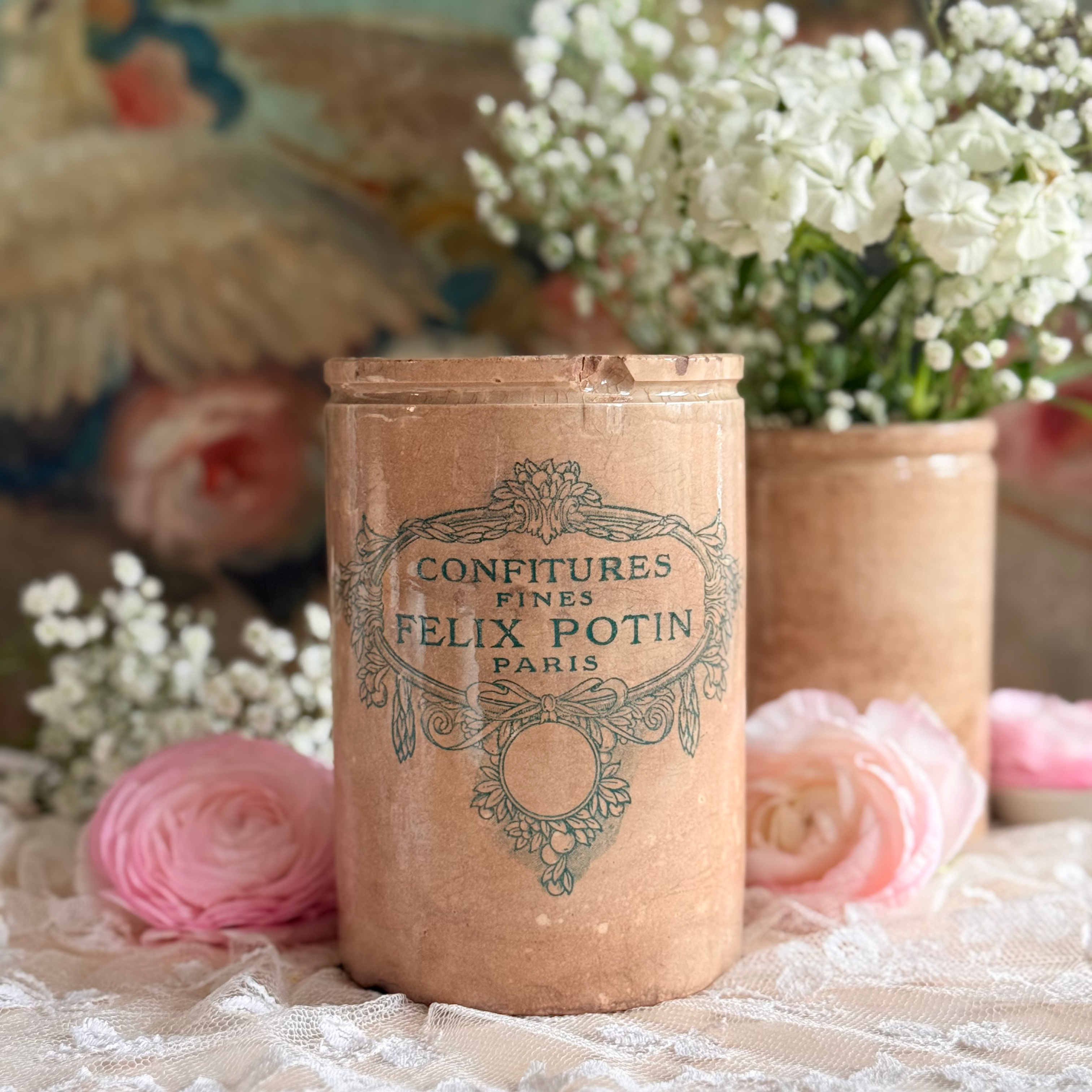 Large patinated Felix Potin confiture crock