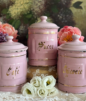 Set of 3 pink and gold enamel kitchen canisters