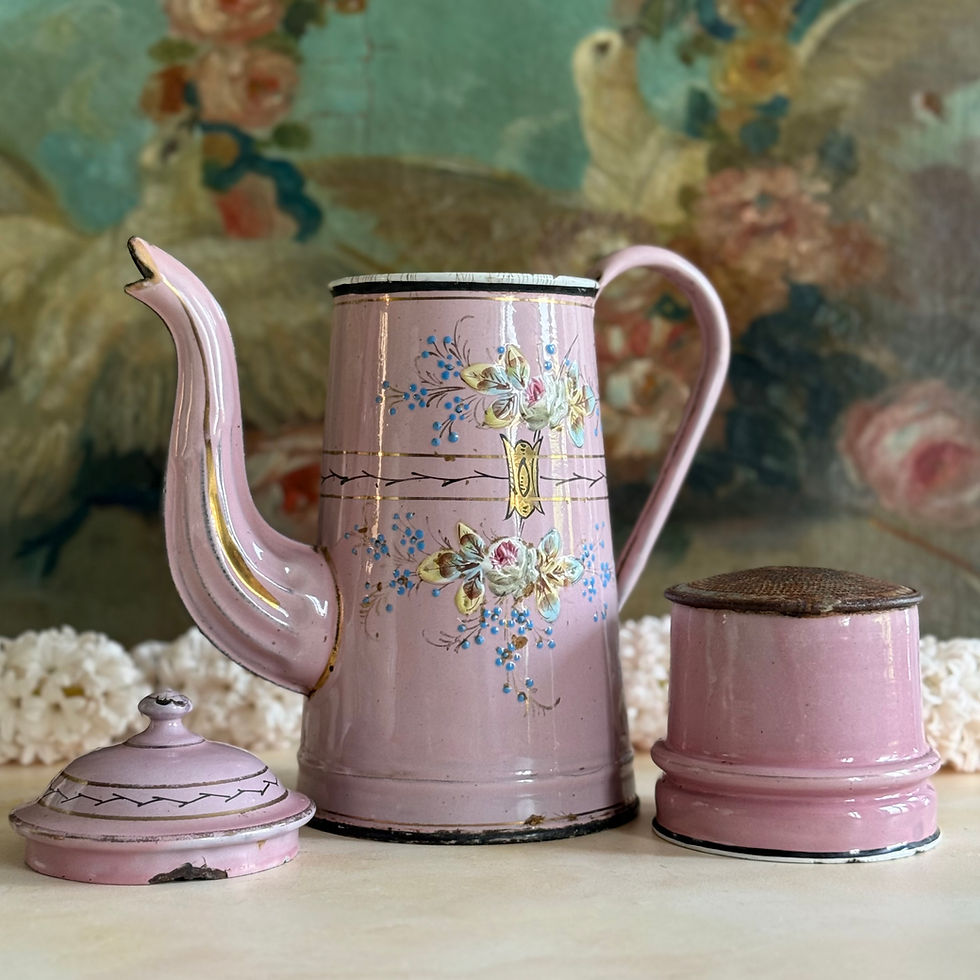Thumbnail: Superb hand painted pink and gold enamel antique coffee pot