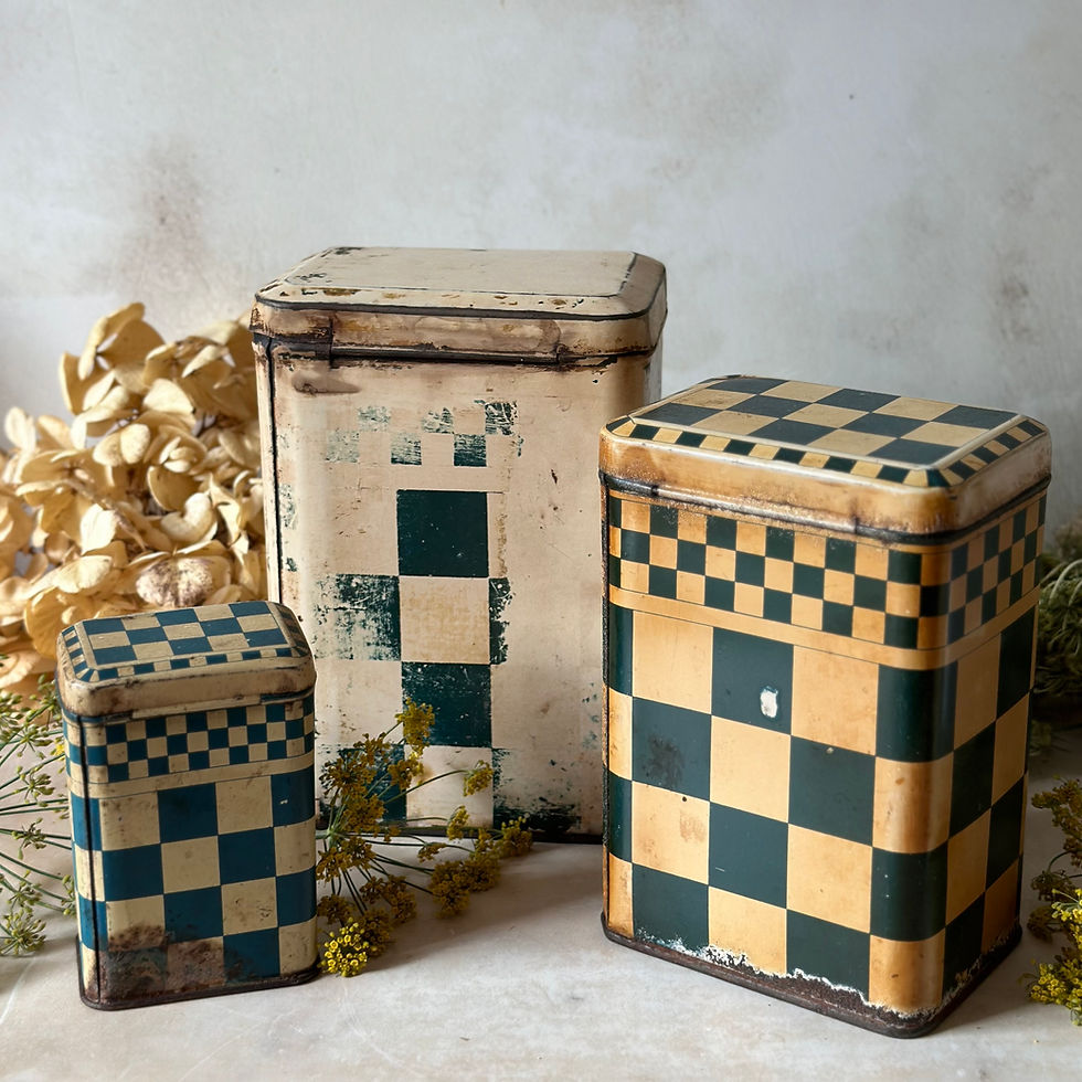 Thumbnail: Heavily patinated French kitchen canisters, set of 3