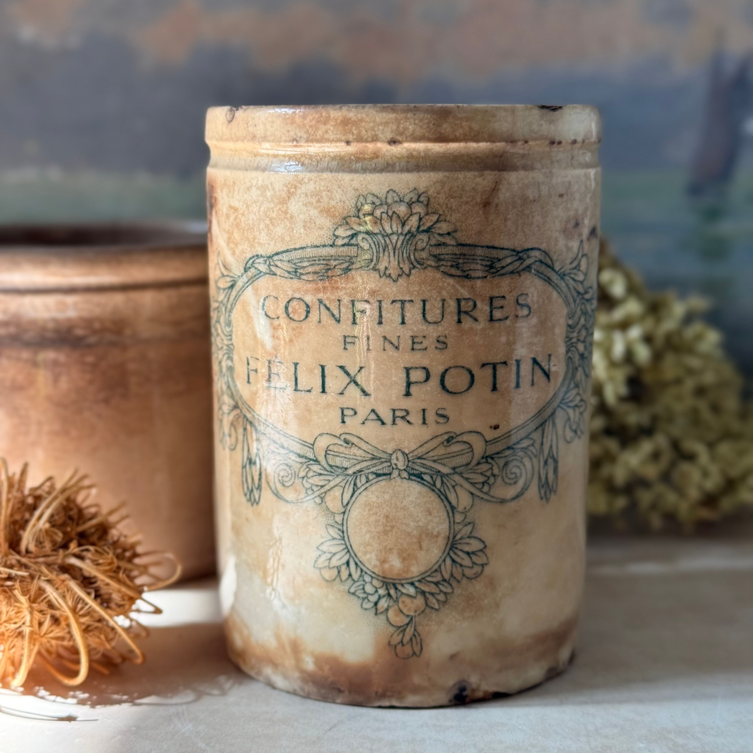 Heavenly patinated Felix Potin pot with Creil et Montereau stamp