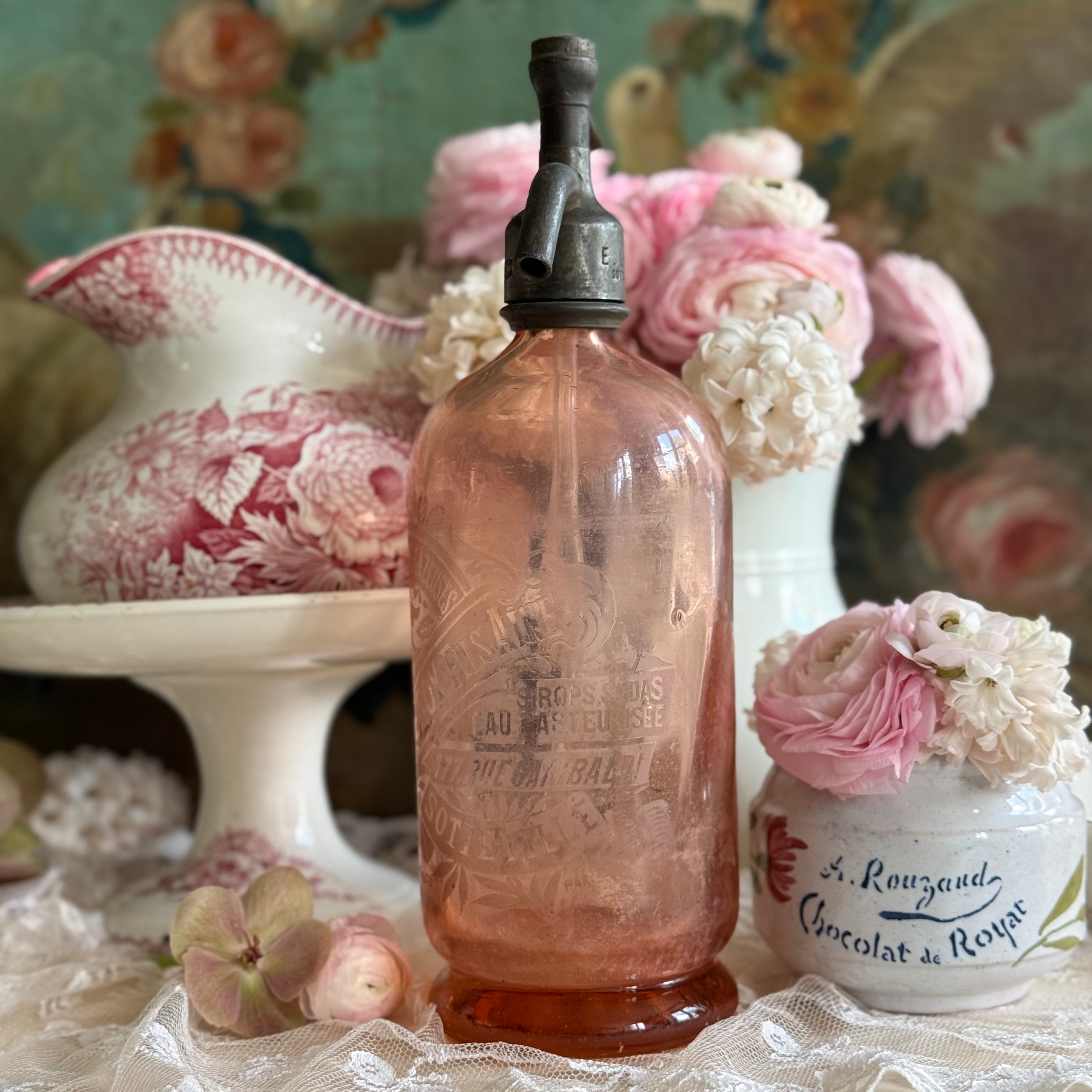 Pink etched soda siphon or seltzer bottle made in Paris