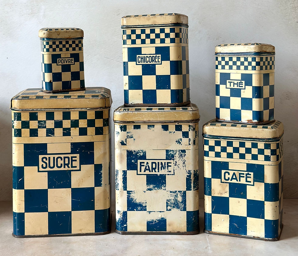 lustcru advertising bleu and white tins timeworn brocante 
