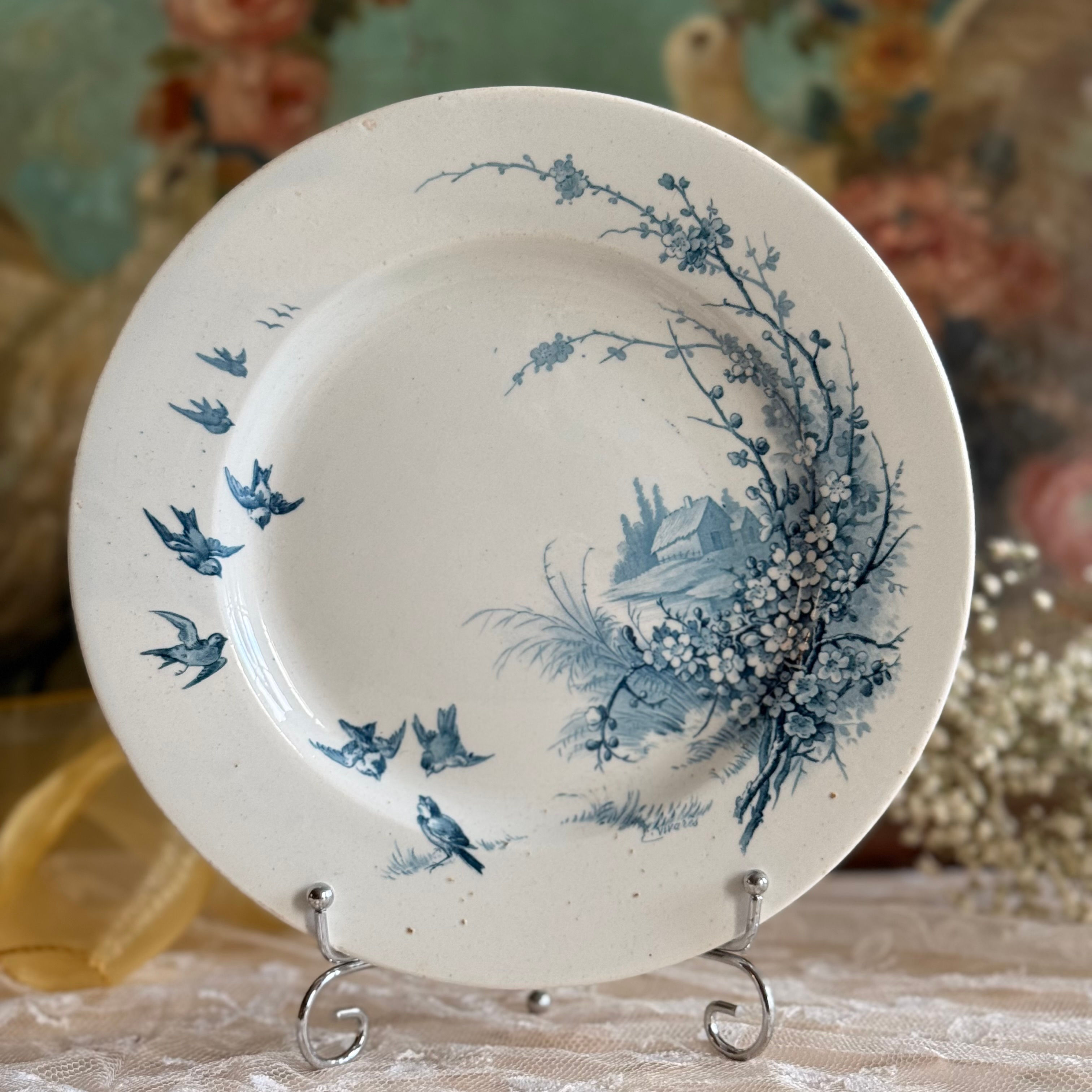 Signed Parisian blue bird raised gateau serving plate
