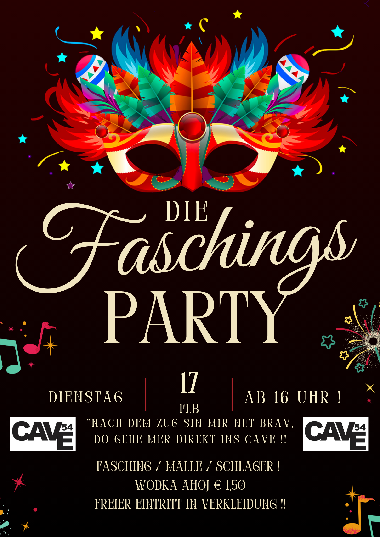 DIE Faschingsparty  Ab 16:00 Uhr !!