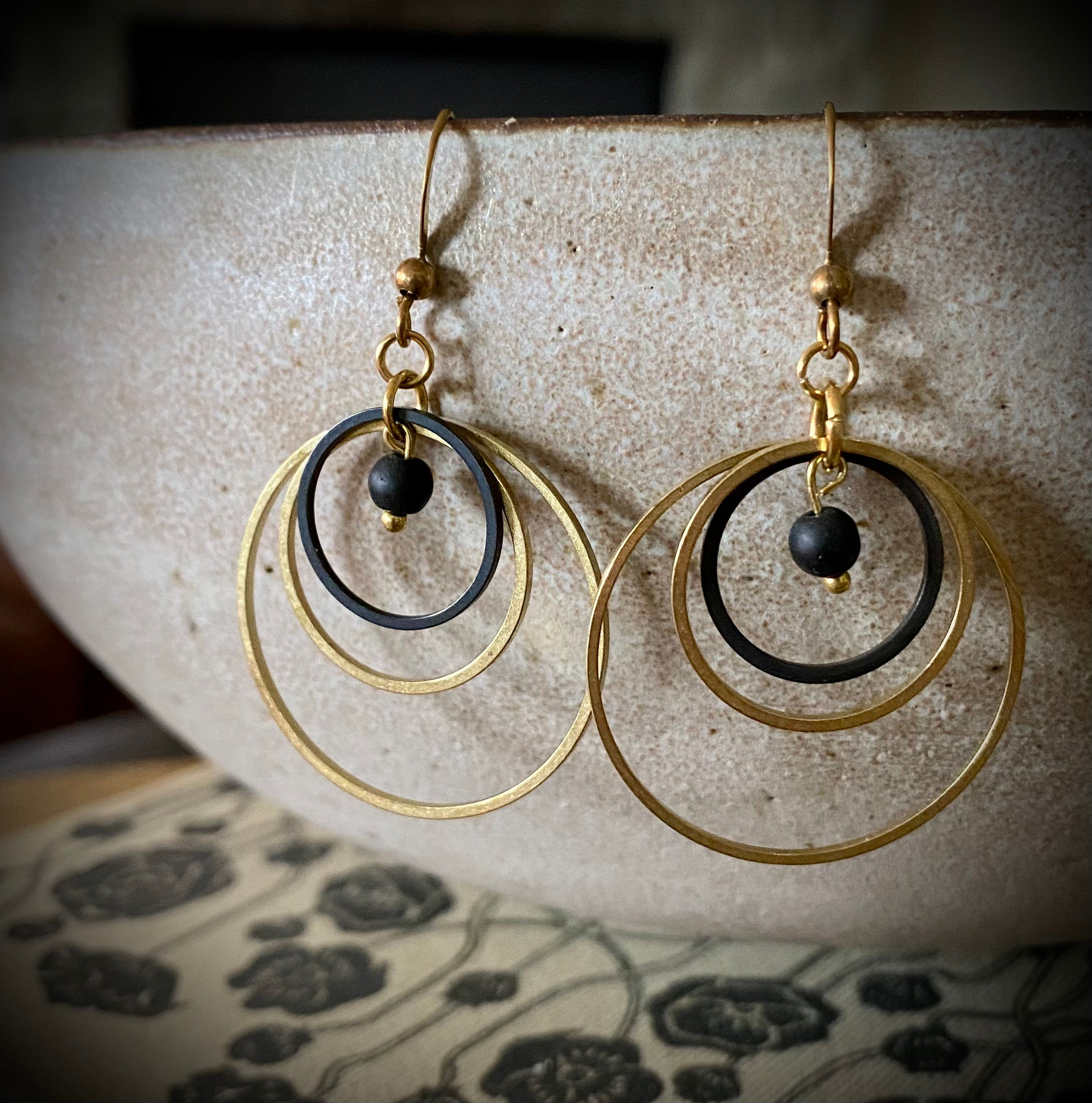 Circular Brass earrings with Black Bead