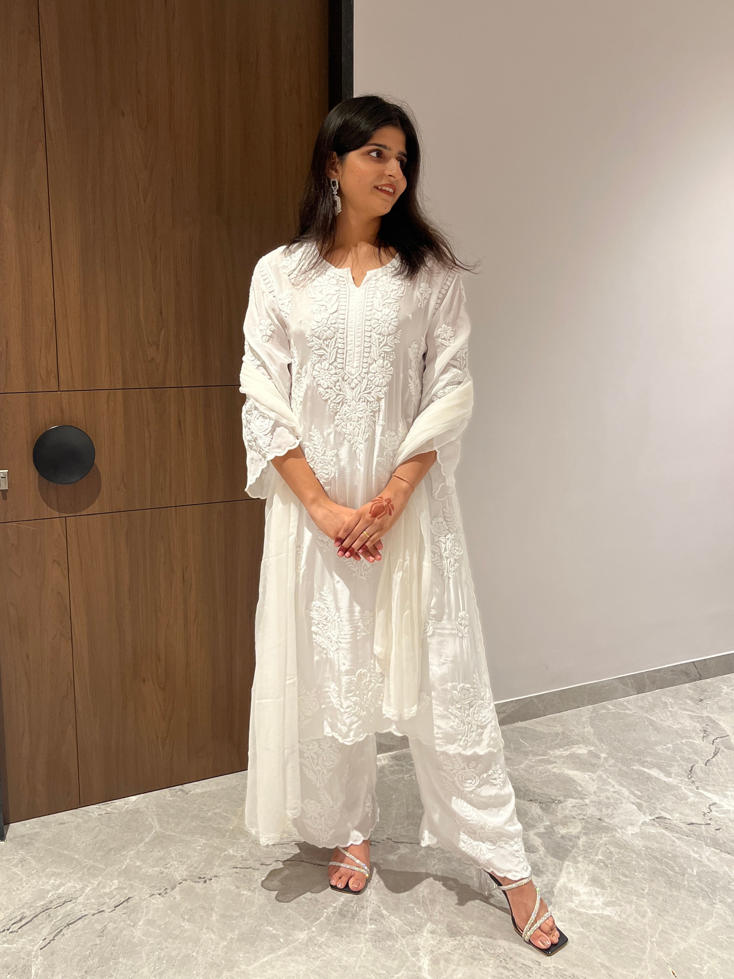 White Pure Crepe Chikankari Long Kurti, Palazzo & Dupatta Set for women