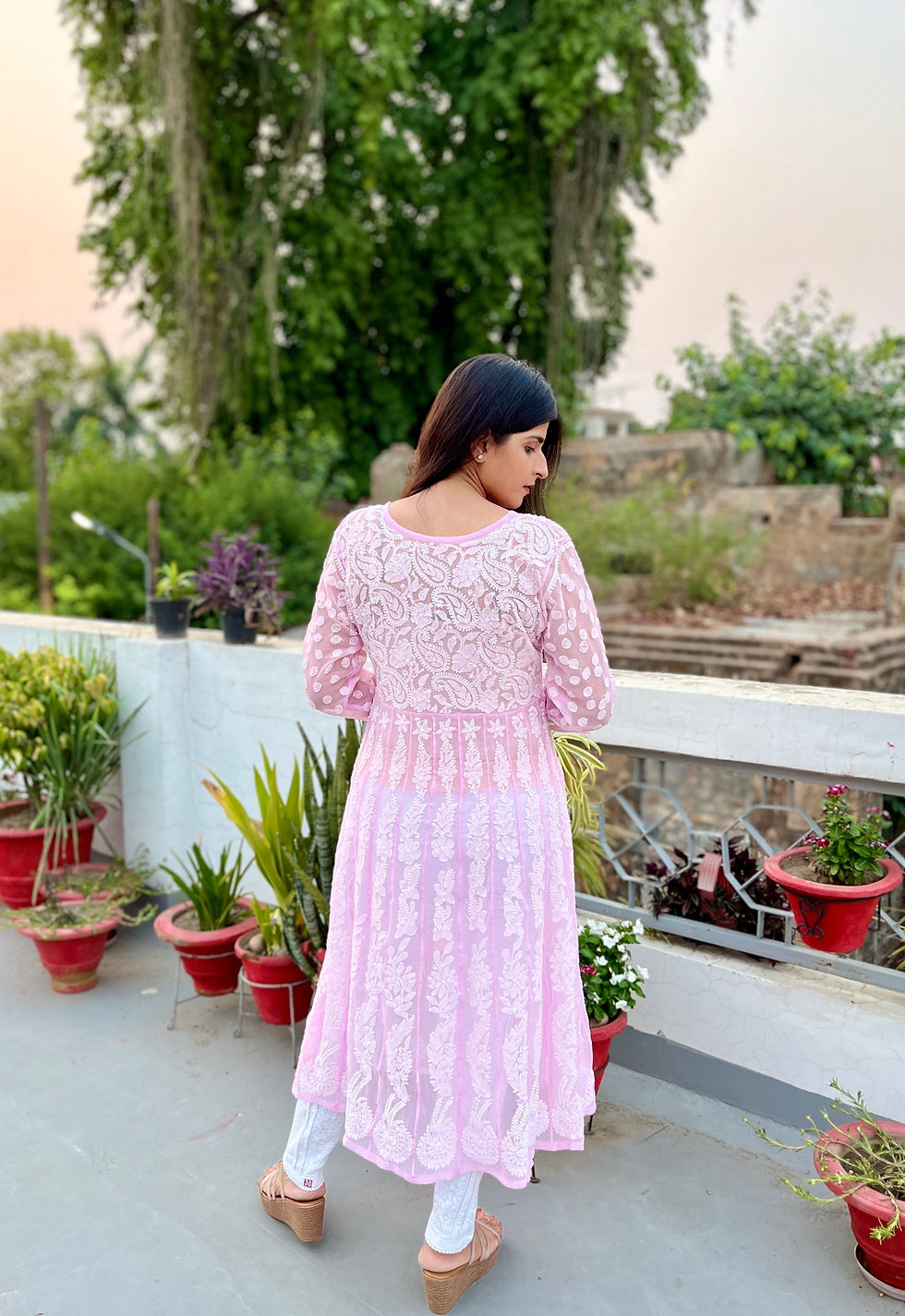 Thumbnail: Light Pink Chiffon Chikankari Anarkali - portrait view showing embroidery and chiffon drape