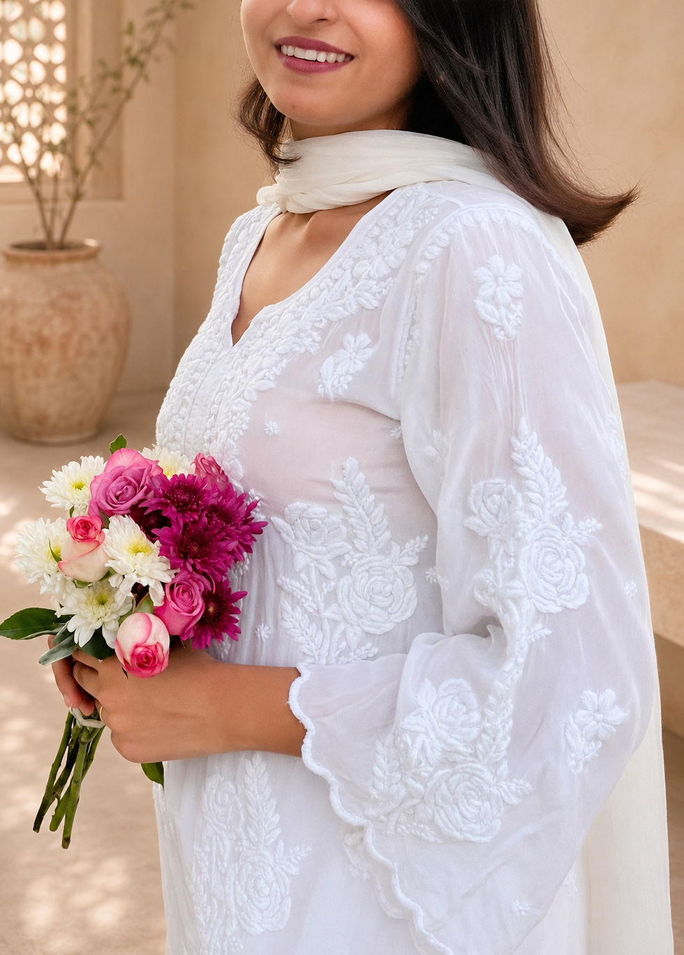 White crepe chikankari kurti – close-up embroidery detail