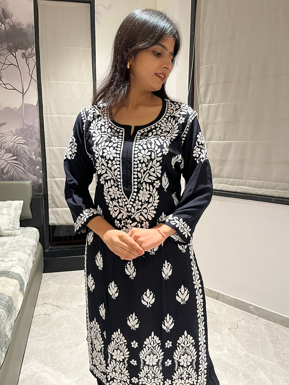 Thumbnail: Black Modal Chikankari Kurta Palazzo Set – Studio View