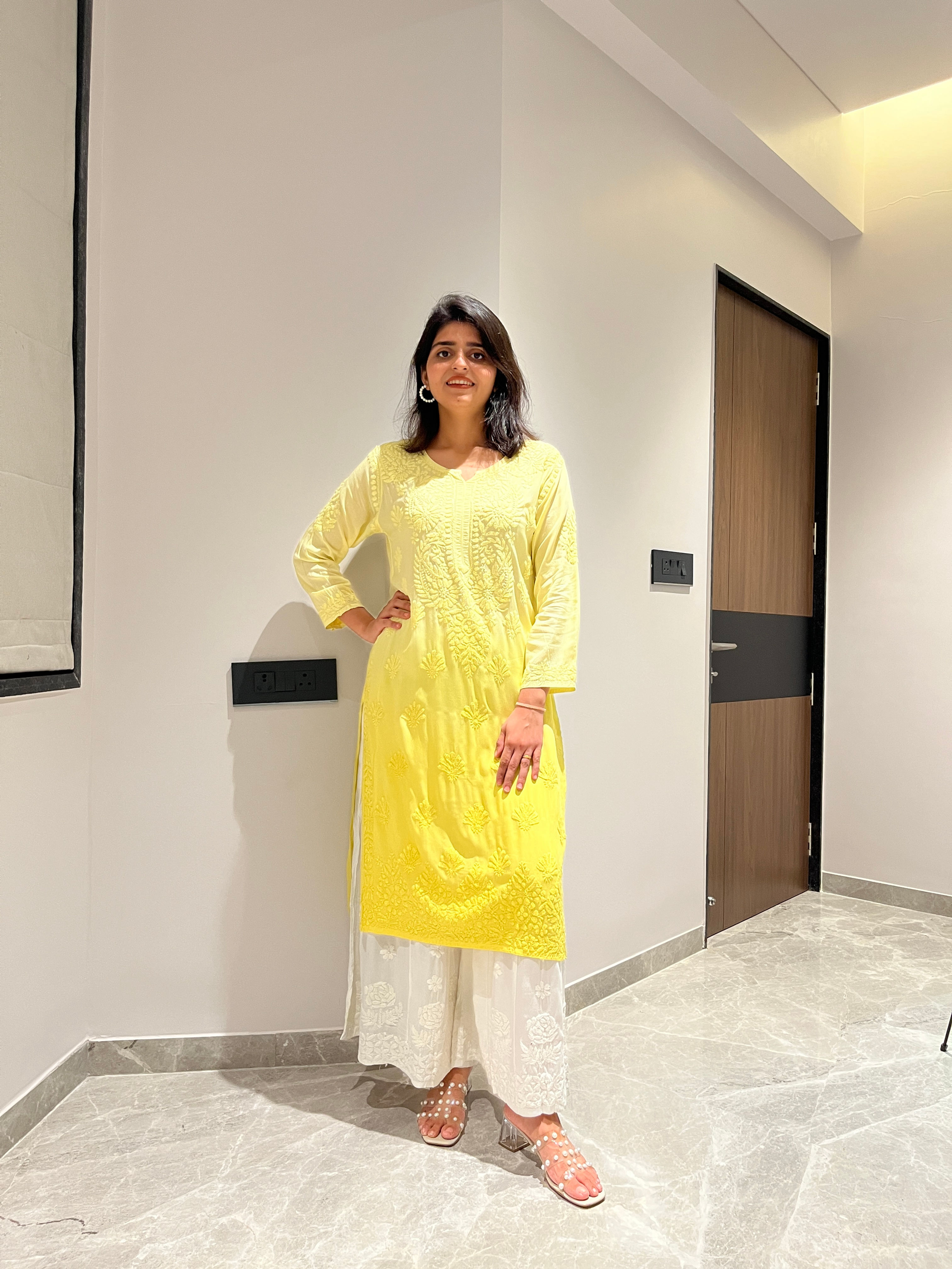 Lemon Yellow Ombre Modal Chikankari Kurta – Hand-Embroidered