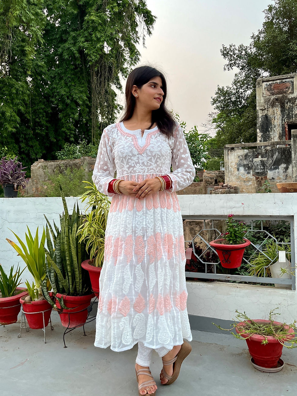 Thumbnail: White Chiffon Chikankari Anarkali 36 kalis - back view showing embroidery on white chiffon